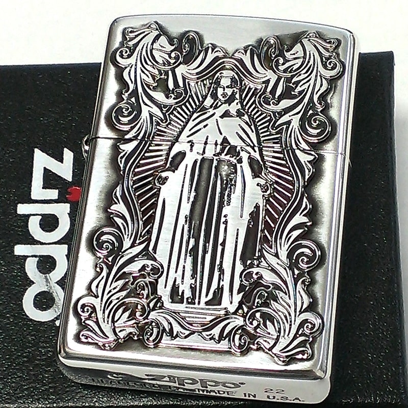 ZIPPO ディープエッチングアラベスクマリア 銀 ジッポ ライター 逆エッチング 御守り 彫刻 シルバーいぶし 両面柄 かっこいい 女性 メンズ レディース ギフト