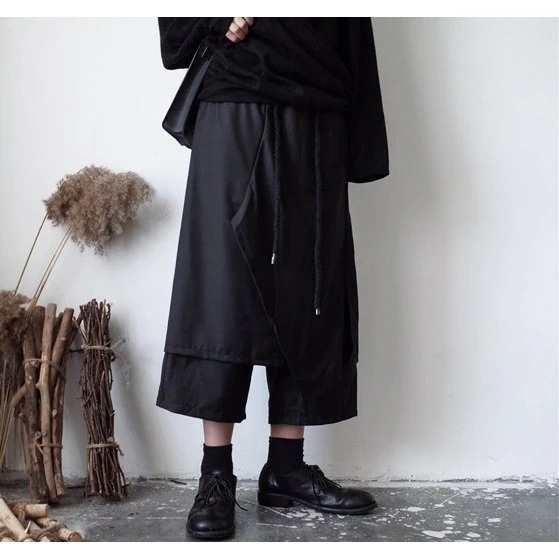 ワイドパンツ スカート風 メンズ 袴パンツ 個性的 ズボン ストリート 原宿ファッション 7分丈 バンド ロック