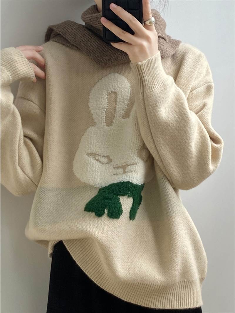 トップス レディース セーター ニット ヒップ丈 袖あり 長袖 ドロップショルダー ラウンドネック ウサギイラスト ラビット うさぎ うさちゃん かわいい 大人可愛い カジュアル おしゃれ 存在感 抜