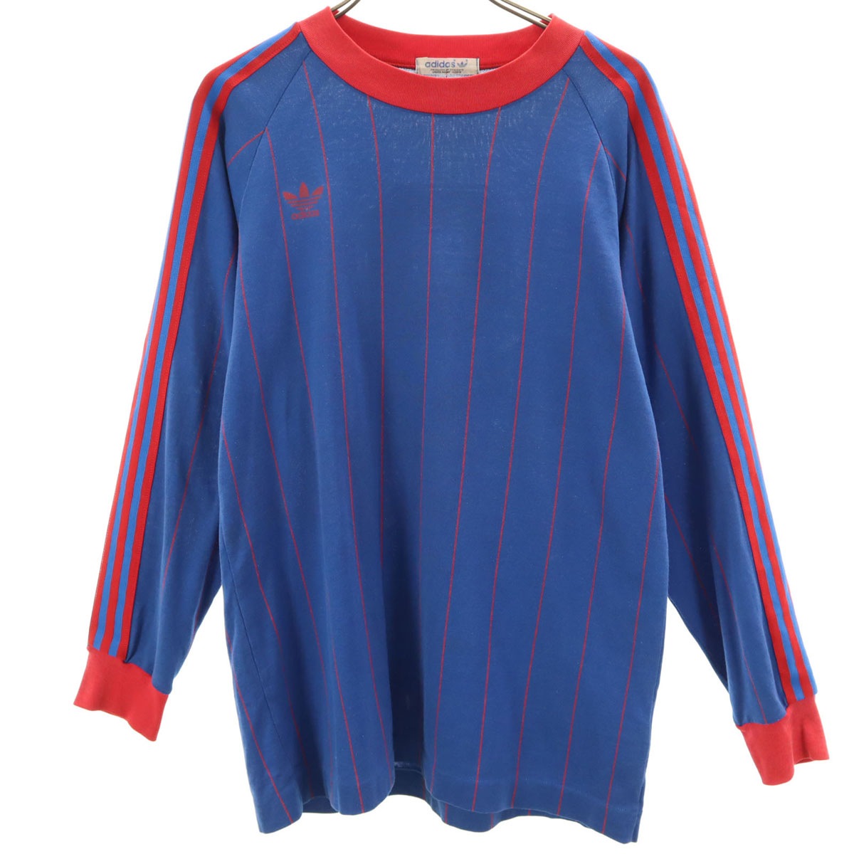 70s 80s デサント製 ヴィンテージ トレフォイルロゴ ストライプ柄 長袖 Tシャツ L ブルー デサント ロンT トップス メンズ 古着