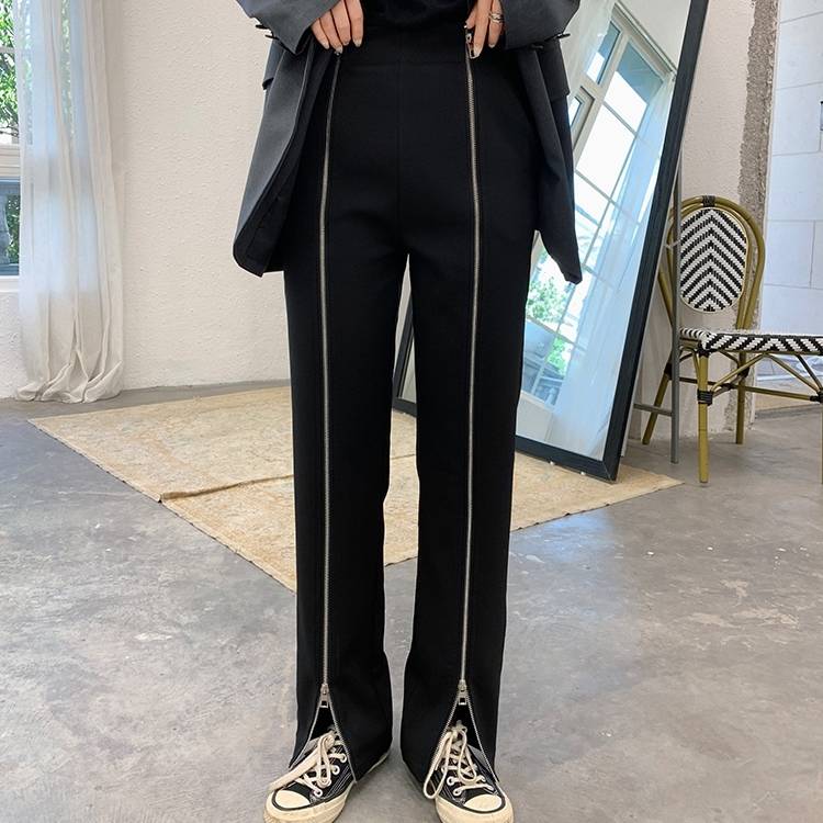 パンツ レディース 黒 ストレート ボトムス ズボン ジッパー ライン ロング おしゃれ かっこいい 大人カジュアル 無地 10代 20代 30代 おしゃれ かっこいい カジュアル パンツ コーデ ハ