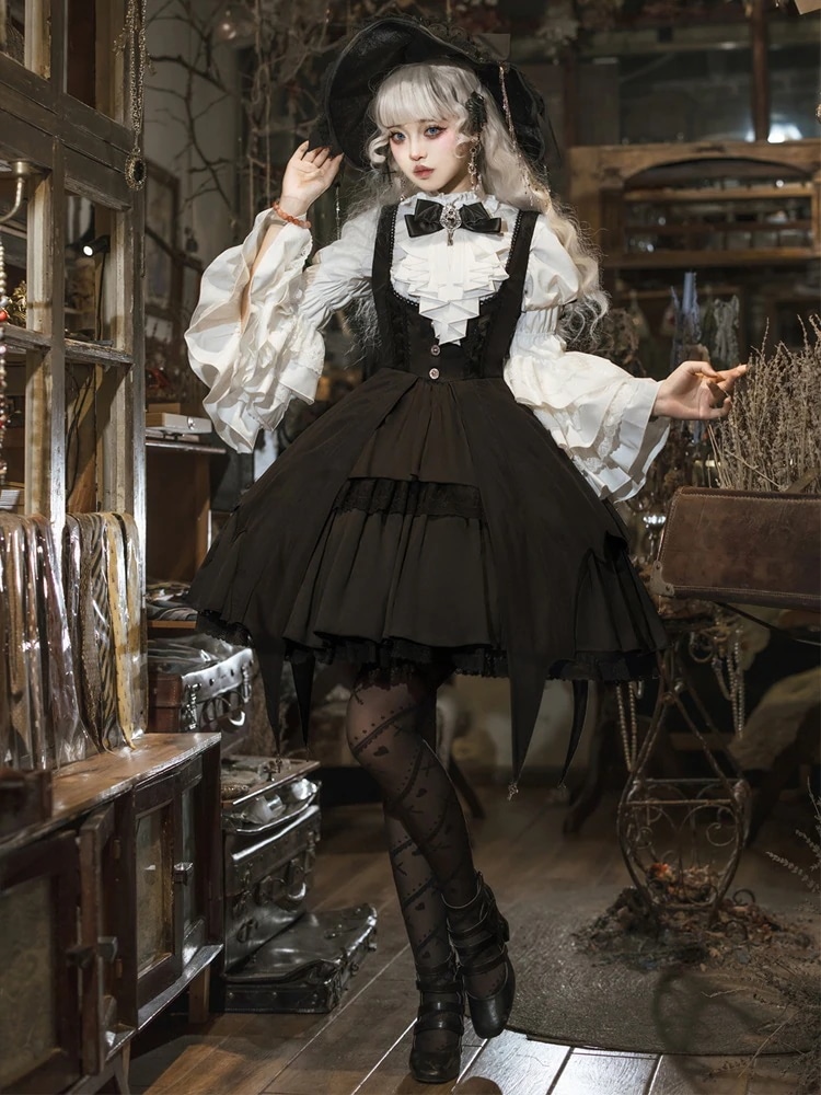 ハロウィン魔女ロリータゴシックガール魔法ダークスタイルデイリードレスOP長袖サスペンダースカートスーツ