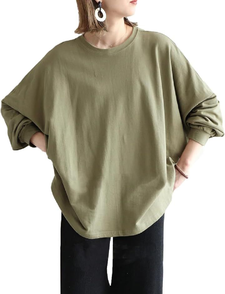 トレーナー レディース パーカー スウェット 裏起毛 冬服 かわいい 韓国ファッション ゆったり 大きいサイズ 暖かい おしゃれ プルオーバー 50代 秋 重ね着 (カーキ, L)