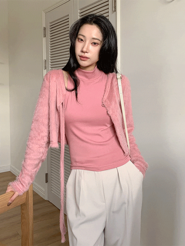 ノースリーブ タートルネックTシャツ ファー カーディガン セット 3カラー