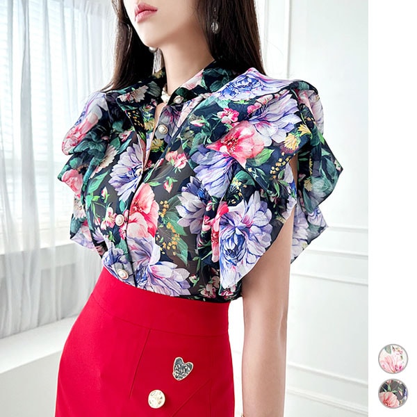 ブラウス レディース トップス 半袖 ノースリーブ ラッフル袖 パブスリーブ シャツ 花柄 上品 きれいめ 春 夏 30代 40代 50代 韓国 to26009 9,999円