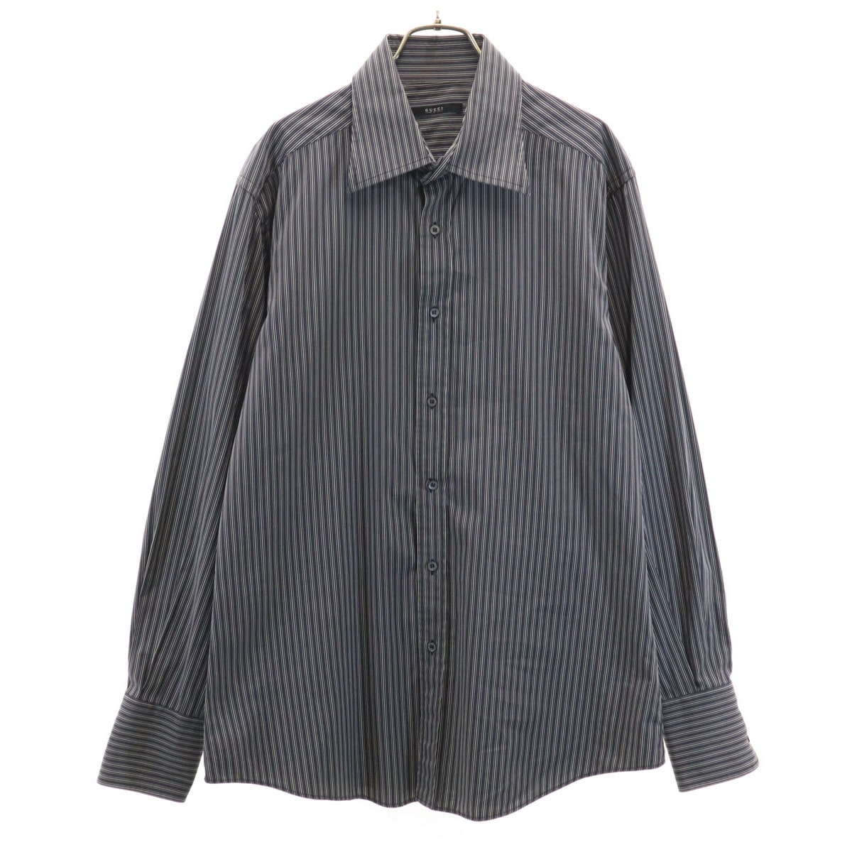 イタリア製 ストライプ柄 長袖 コットンシャツ 43 ネイビー系 メンズ 古着