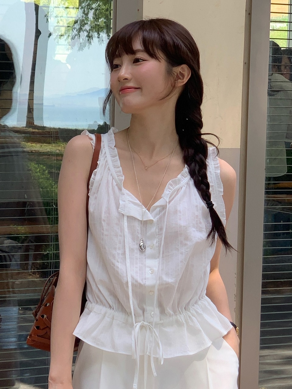 VOIEBIT 女性用フリルストラップノースリーブブラウスホワイト VW763