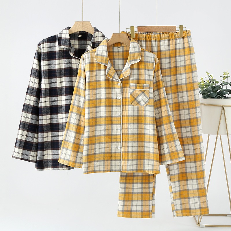 チェック柄ホームウェアセットレディースピュアコットン起毛パジャマメンズ長袖厚手春秋カップルパジャマ