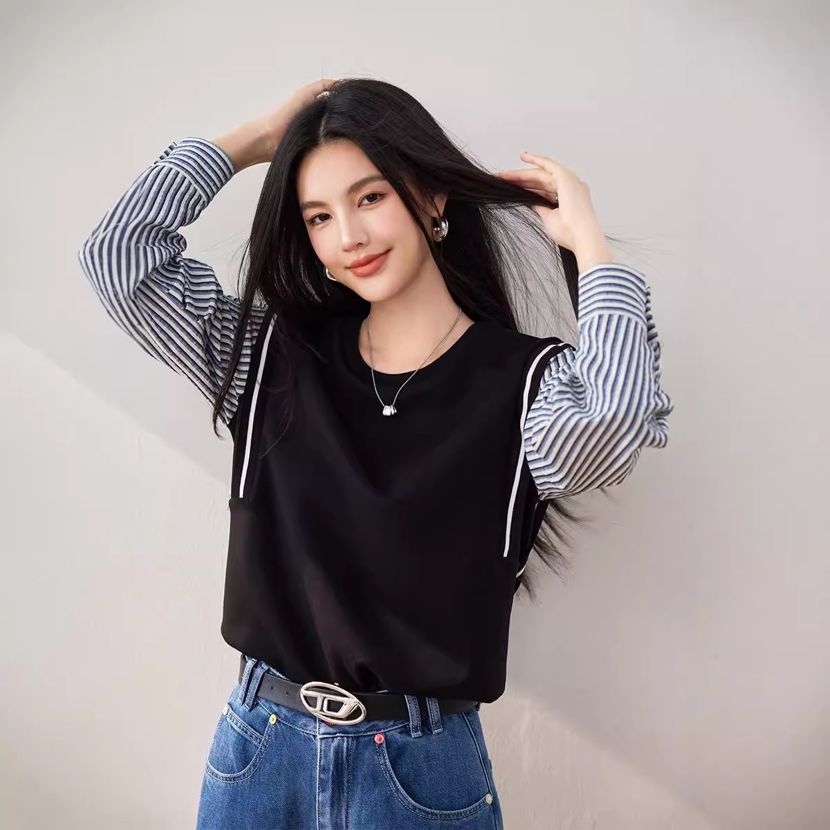韓国大人かわいいスウエット しまフェイクレイヤード Tシャツ上着 せラウンドネック トップス
