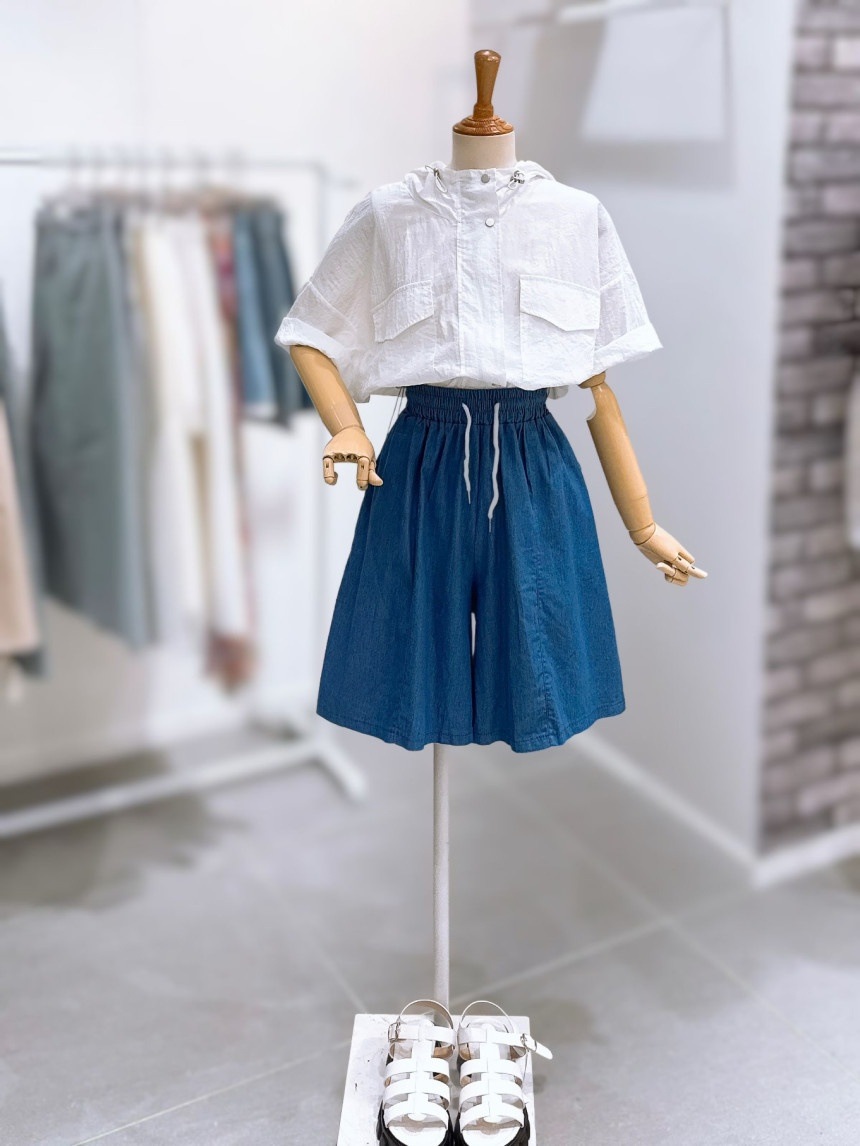 LECCOVE ワイド バンディング デニム 半ズボン