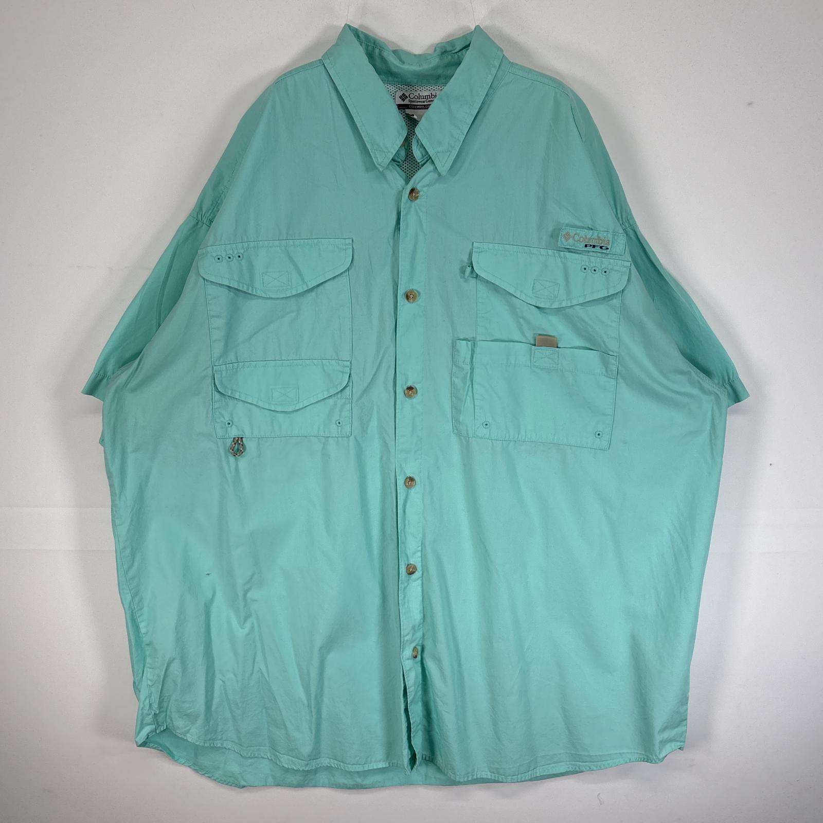 古着 半袖シャツ ロゴ バックデザイン 刺繍 大きいサイズ PFG XXL 水色系 無地 メンズ