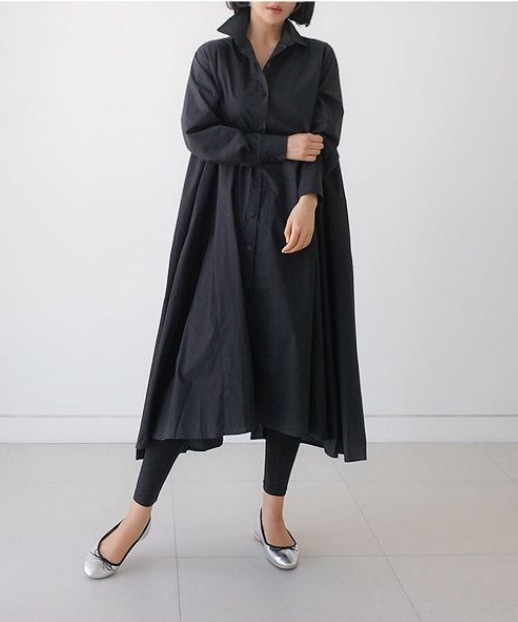 無地 ロング丈 長袖 シャツワンピ [2カラー]