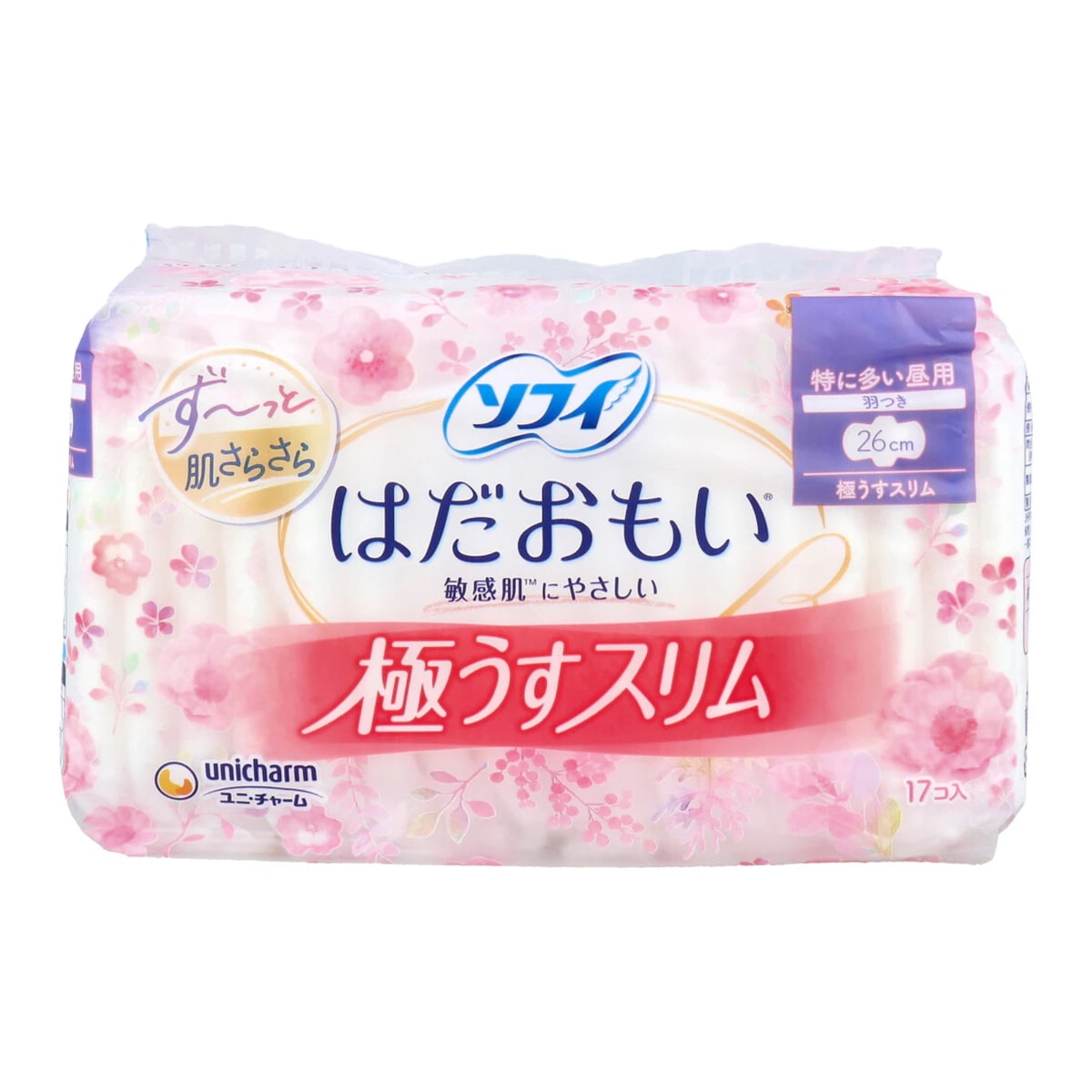 生理用ナプキン ユニ・チャーム はだおもい 極うすスリム 特に多い昼用 羽つき 26cm 17個入り X8パック 4,890円