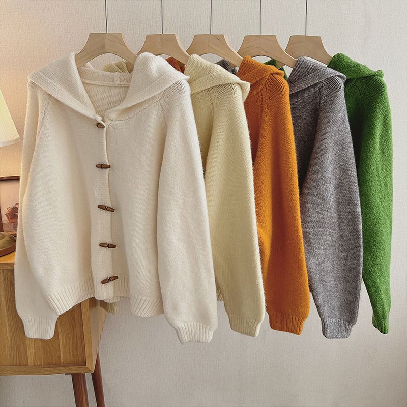 3日出荷 カーディガン秋新韓国 ニットカーディガン 百掛け 牛角ボタン連帽ニットカーディガン レディースファッション