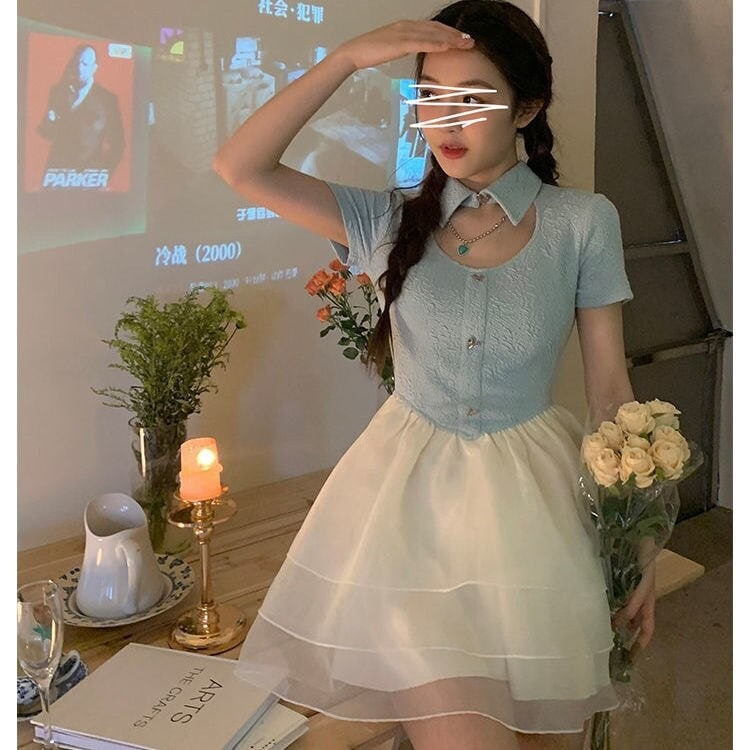 日系の甘くて小さくて清新で腰を収めて細く見える網糸をつなぎ合わせてポンポンのスカートの女性のの新型