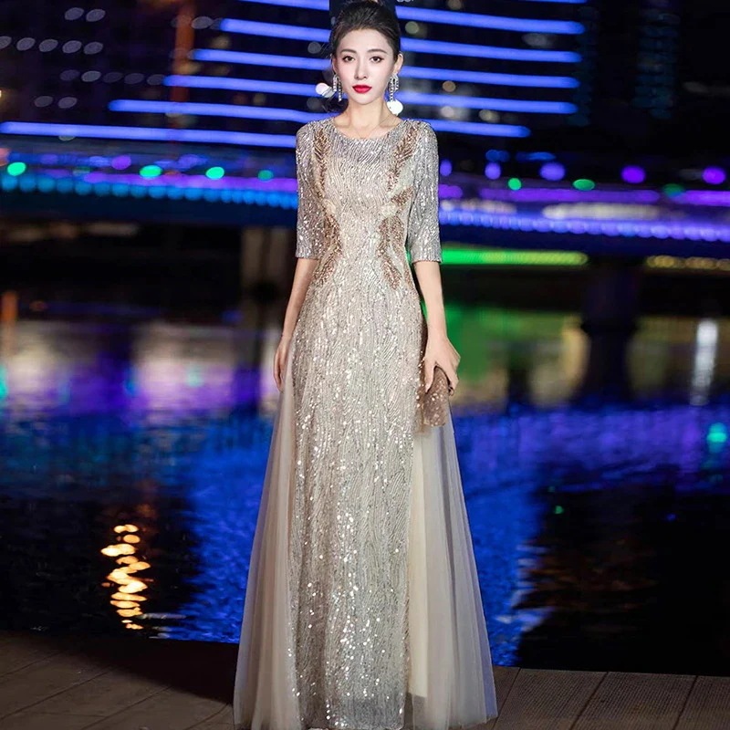 パーティードレス 演奏会用ドレス 大人 ピアノ 発表会 フォーマルドレス キラキラ スパンコール イブニングドレス ロングドレス ステージドレス 舞台衣装 結婚式 ウェディングドレス 体型カバー 五分