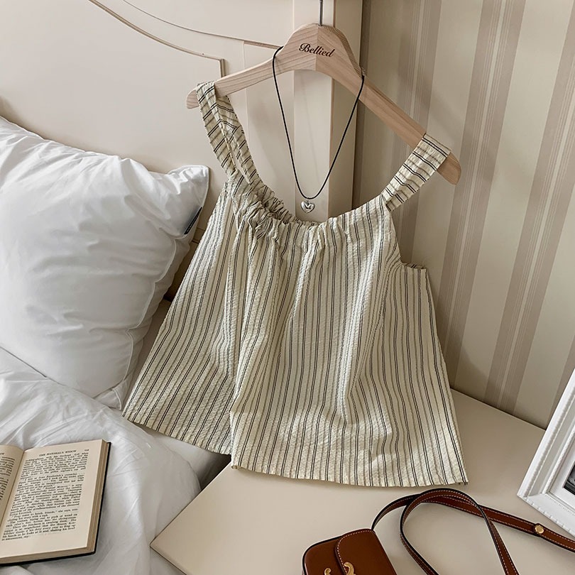 韓国の女性ファッション/ アイレットストライプノースリーブブラウス bs1138