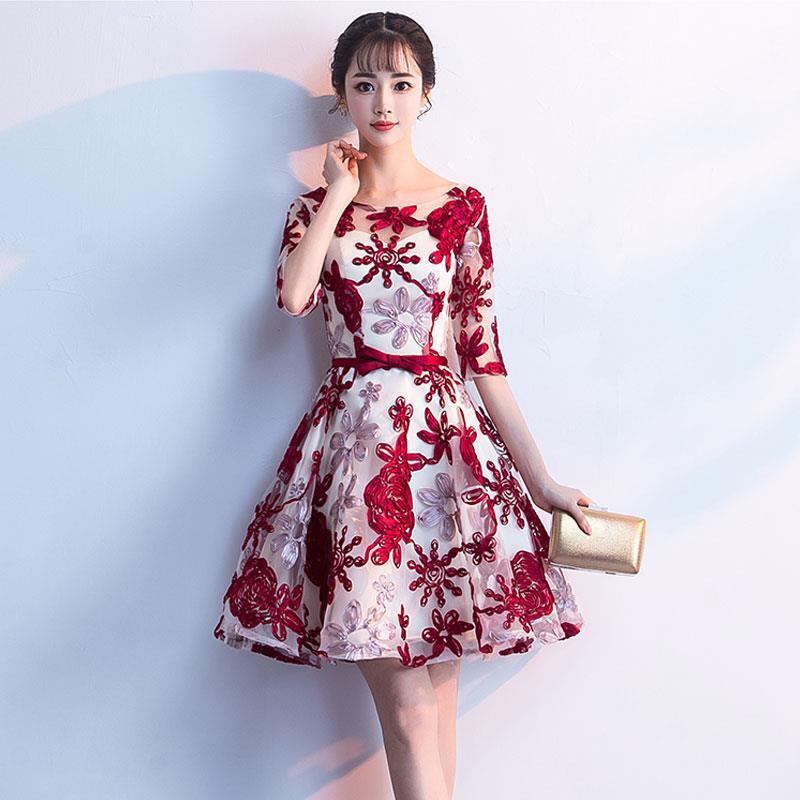 パーティードレス 花柄 ワンピドレス ドレス イブニングドレス オルチャン 五分袖 ノースリーブ ウエストリボン レース ラウンドネック フレア レディース 韓国 レッド ブルー 赤 青