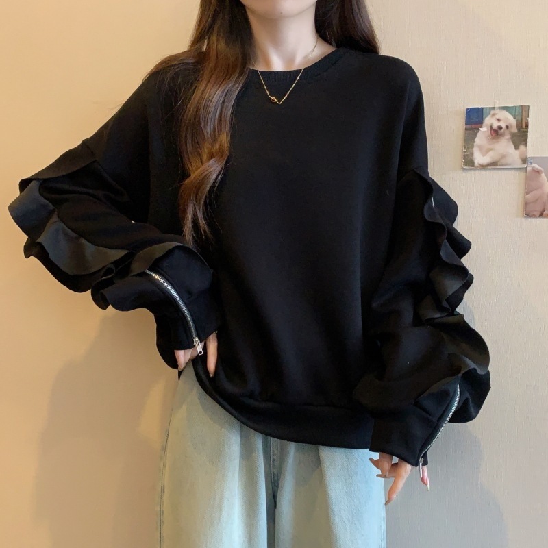 トップス 黒 フリル袖 フリルスリーブ 大きいサイズ 韓国 レディース オルチャン カットソー 袖あり 長袖 ボリューム袖 ラウンドネック フレア フリル ファスナー かわいい 大人可愛い