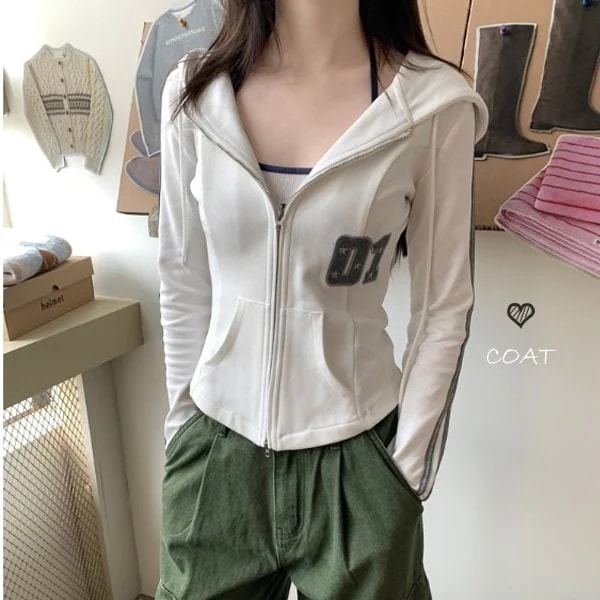 秋冬トップスかわいいパーカーフード付き韓国風長袖細見え白黒おしゃれレトロチャッシルエット甘め大人っぽ韓国ダブルサイズファッション系ルーズレディースサイドお出かけ学生通学トラック羽織り