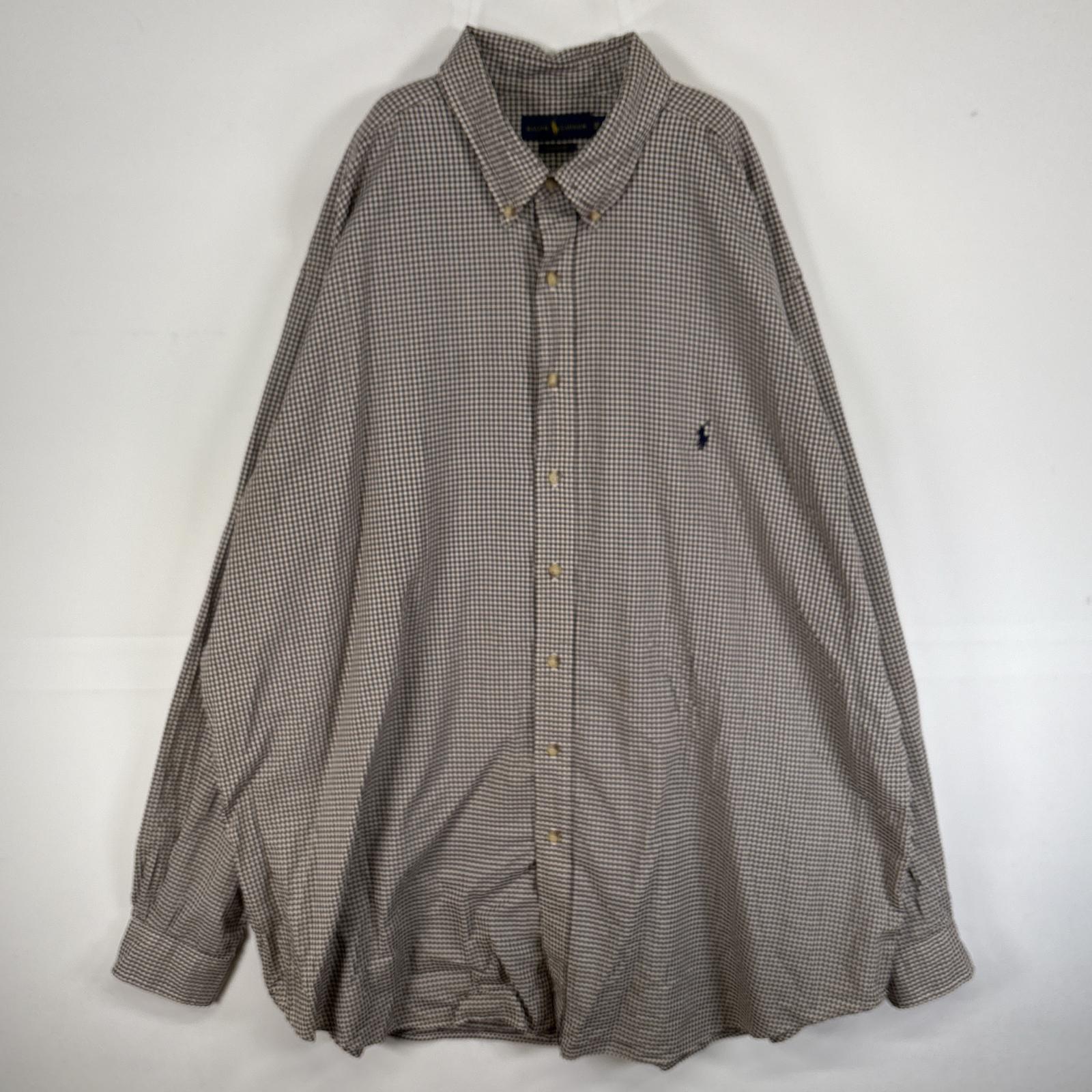 古着 長袖シャツ ロゴ 刺繍 大きいサイズ ボタンダウン 3XL ブラウン チェック メンズ