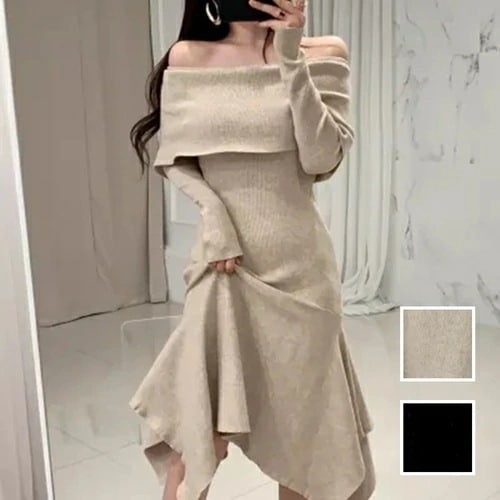 ワンピース カジュアル ミディアム ひざ丈ワンピ 韓国 ファッション レディース 秋 冬 カジュアル コーデ シンプル 定番 セレカジ 20代 30代 40代 2025 オフショルダー イレギュ