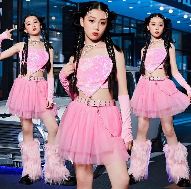 演出服 スパンコール ストリートダンス K-POP ジャズダンス衣装 キッズ ショートスカート HIPHOP へそ出し ステージ衣装 応援団 子供ダンス衣装セット 演奏会 衣装 チアガール 舞台衣装