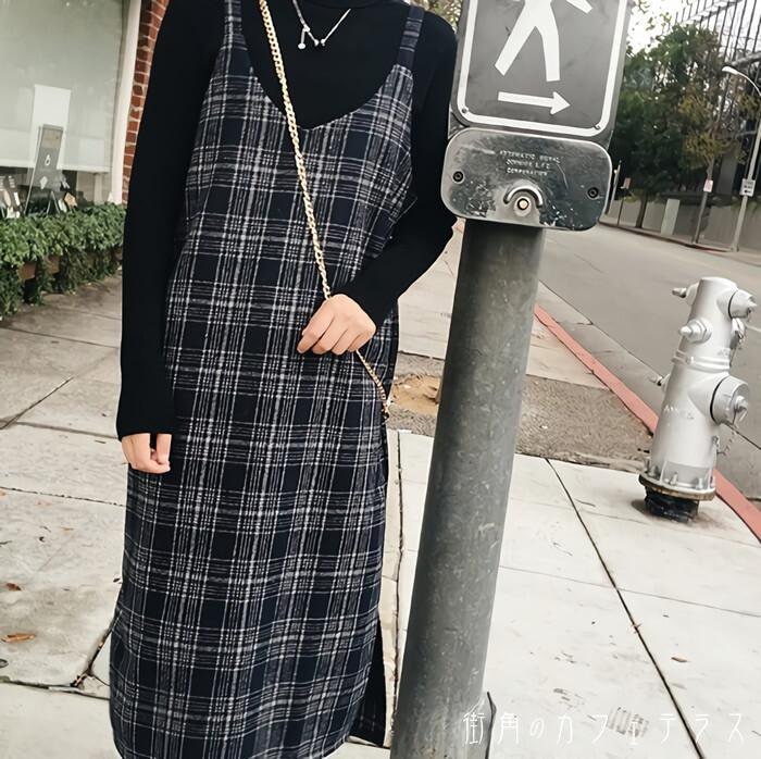 ワンピースニットトップス 2点セット ツーピース キャミワンピ ワンピース チェック柄 グレンチェック iライン ロング ミモレ丈 リブニット 長袖 ハイネック 大人 カジュアル