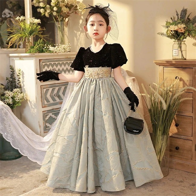 ブラック+グレー ロングドレス　キッズ　ドレス　子供ドレス　Aライン　マキシ丈　フォーマルドレス　ワンピース　キッズ服 子供服 女の子 子ども　発表会　七五三　演出舞台結婚式卒業園　入園式 ピアノ　1