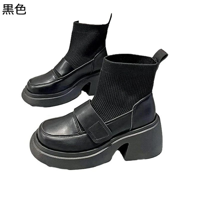 ブーティ ソックスブーツ レディース ショートブーツ 冬用 秋用 ハイヒール7cm 粗いかかと メリージェーン風 フェイクレザー 切り替え カジュアル 痛くない 歩きやすい 履きやすい 通勤 オフィス