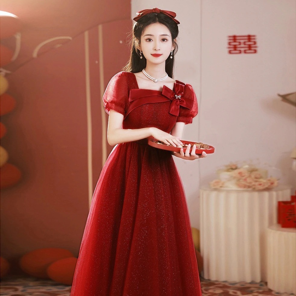 バーガンディ ウェア花嫁 2025 気質婚約結婚式感謝宴会ドレススカート女性用