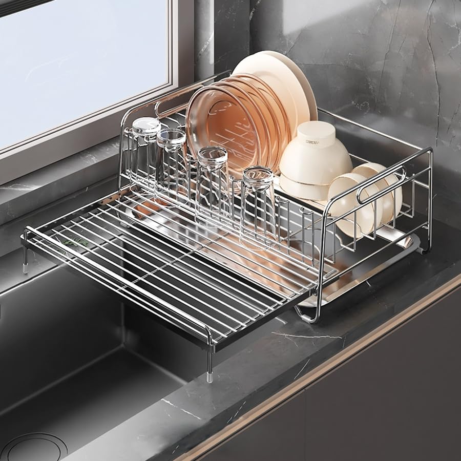 水切りラック ステンレス 伸縮 箸立て シンク上 水切り 大容量 かご キッチン カゴ 食器 乾燥 ラック 台所 省スペース 幅46*奥行29-52.5x高20CM