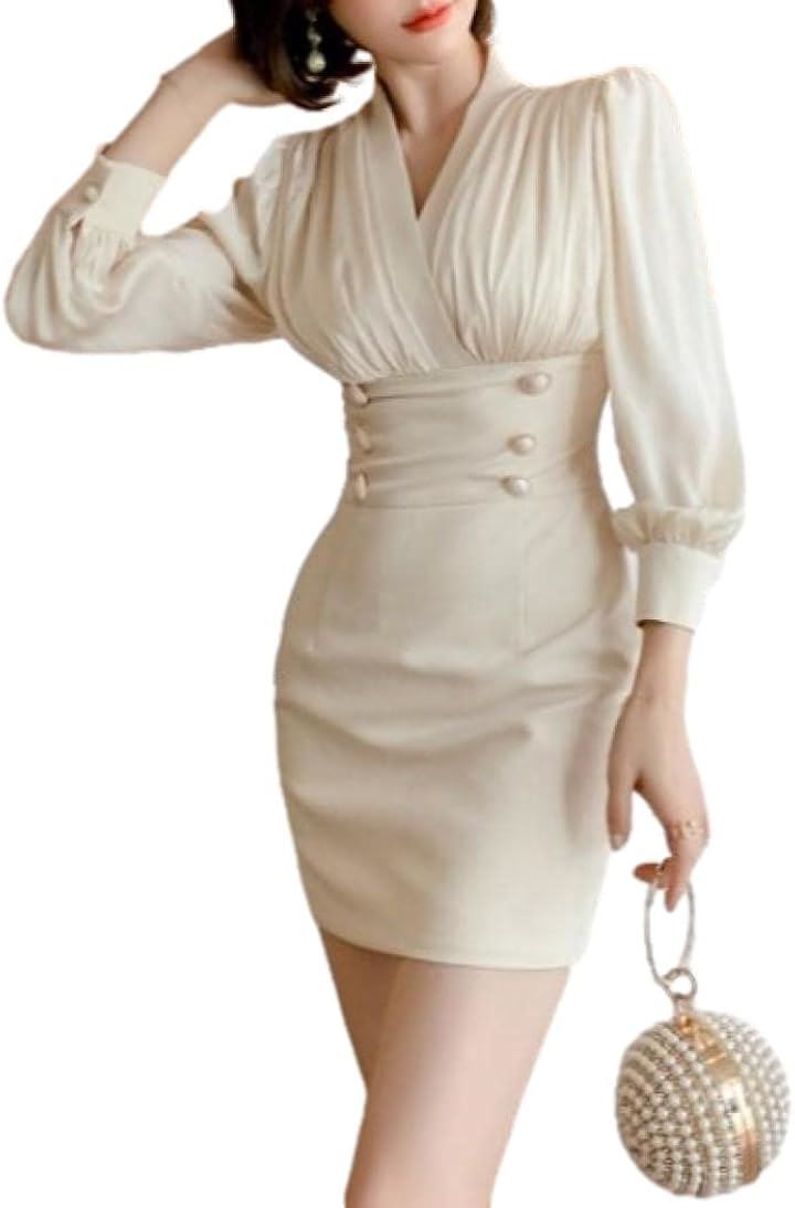 カシュクール ワンピース ベルスリーブ タイトミニ クラブドレス Vネック 長袖 ボタン レディース(アイボリー, XL)
