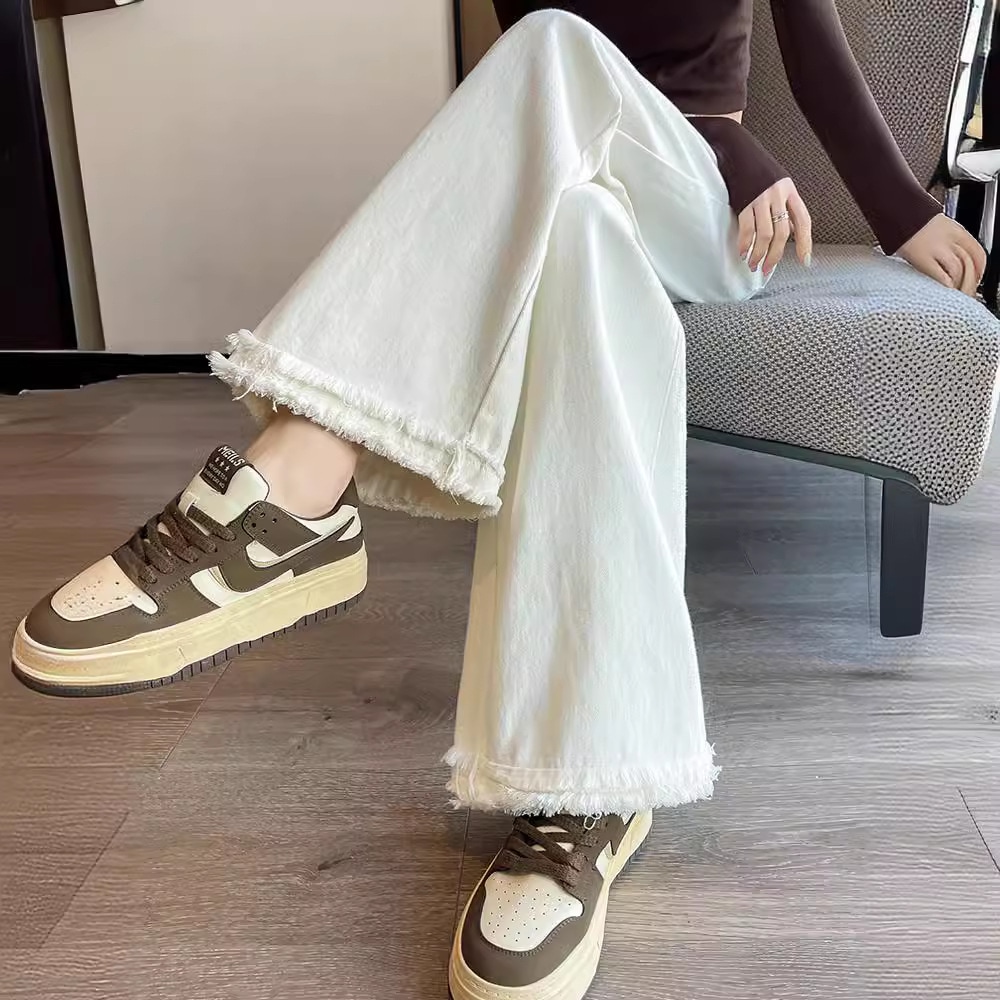 女性用白ストレートジーンズ 2024春 小柄な方向けカジュアルワイドパンツ 9点ナローフロアレングスモップパンツ