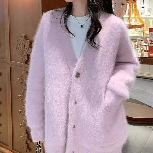 パープルミンクウールカーディガンセータージャケット女性用23スタイル優しい韓国スタイル怠惰なミドル丈ニット