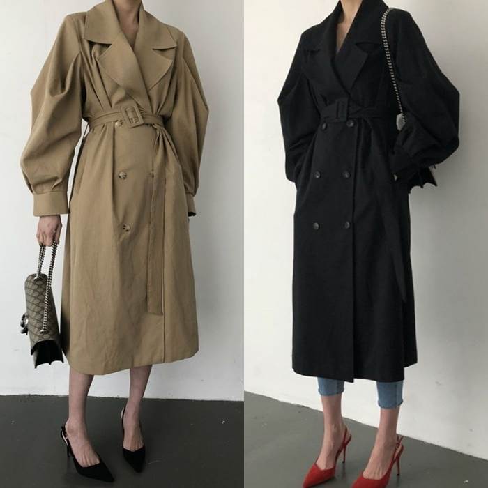 トレンチコート レディース アウター コート S M L カーキ ブラック くすみカラー ニュアンスカラー テーラード ボリューム袖 ウエストベルト ミディ丈 ロング丈 膝下 秋 冬 ママ 体型カバー