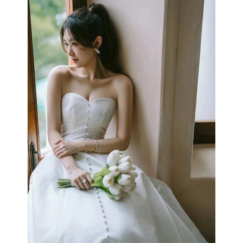 二次会ドレス ウェディングドレス ビスチェドレス 白 サテン ロングドレス 結婚式ドレス 二次会 ノースリーブ 可愛い ホワイトドレス ウェディング ドレス ノースリーブ 海外挙式 撮影 XS S M