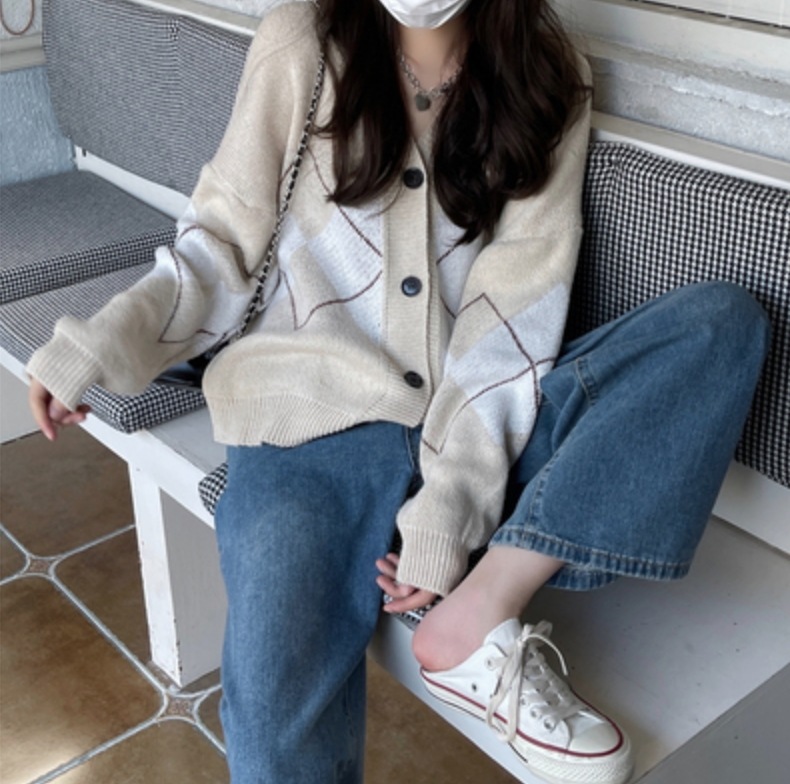 トップス デート カットソー ニットソー セーター カーディガン 袖あり 長袖 Vネック 春 秋 冬 個性的 アプリコット ネイビー フリーサイズ こなれ感 レトロ ゆったり クール ガーリー