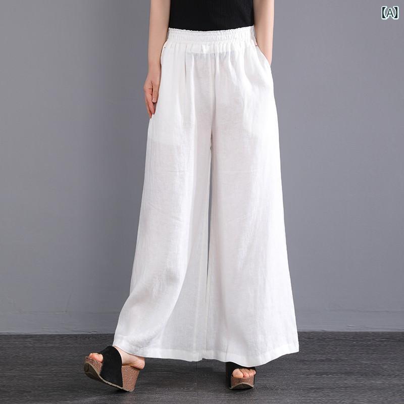 エスニック ボヘミアン レディース ぽっちゃり 大きめ サイズ 女性用 リネン ワイド レッグ パンツ 夏 カジュアル スリミング ストレート ビッグ レッグ パンツ 薄手