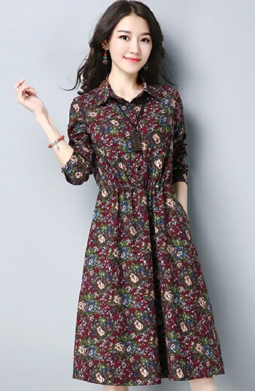 1136. 花柄Aラインワンピース（レッド）