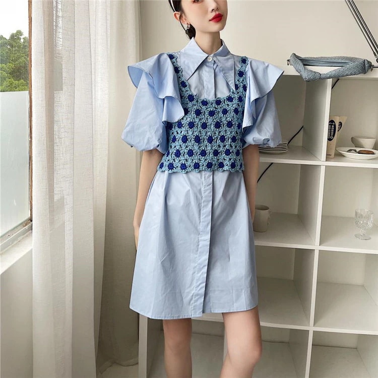 INSスタイル シャツワンピ カラーマッチング デザインセンス パフスリーブ ベスト 2点セット