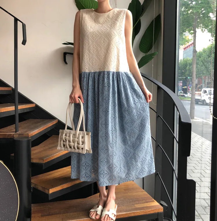 ワンピース ロングワンピース レース ロング丈 ノースリーブ ラウンドネック ルーズ ゆったり