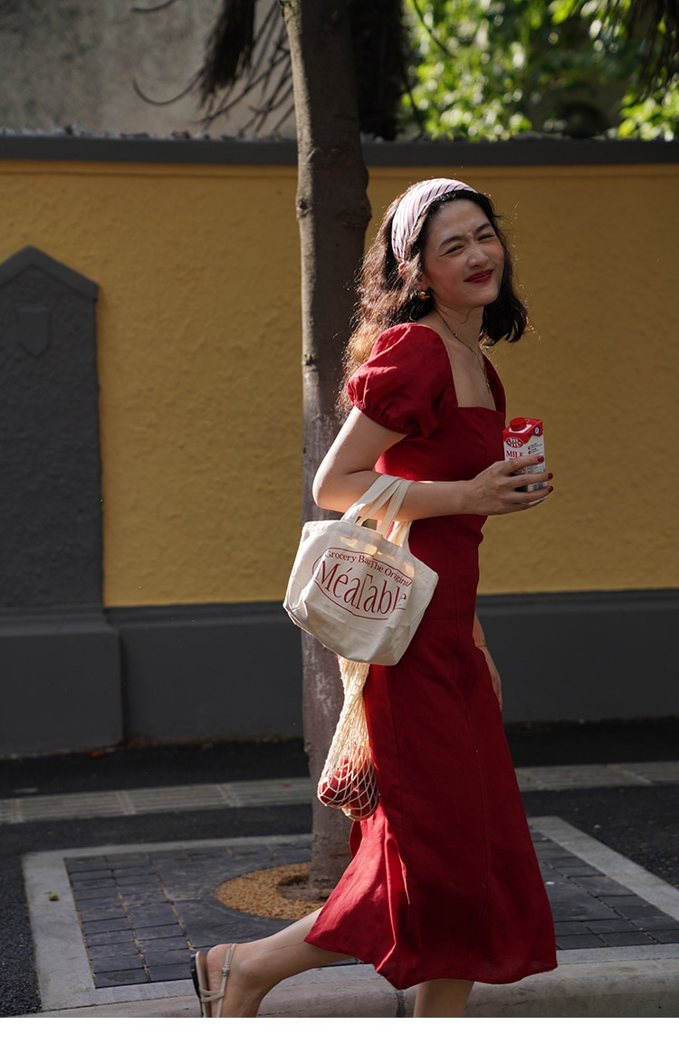 ロングウエスト スクエアカラー パフスリーブ 半袖 ワンピース レディース 夏 フレンチ レトロ ドレス スカート ブラック レッド ホワイト S M L かわいい 大人可愛い きれいめ シンプル