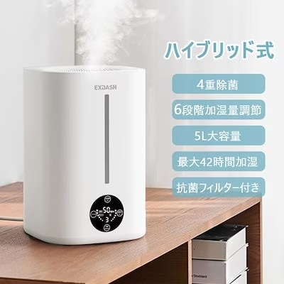 加湿器 ハイブリッド加湿器 大容量 5L 超音波式 加熱式 卓上 4重除菌 6段階調節 AI自動湿度調節 連続加湿 超微細ナノミスト 上部給水 湿度設定 静音 節電 空焚き防止 花粉症 アロマ対応