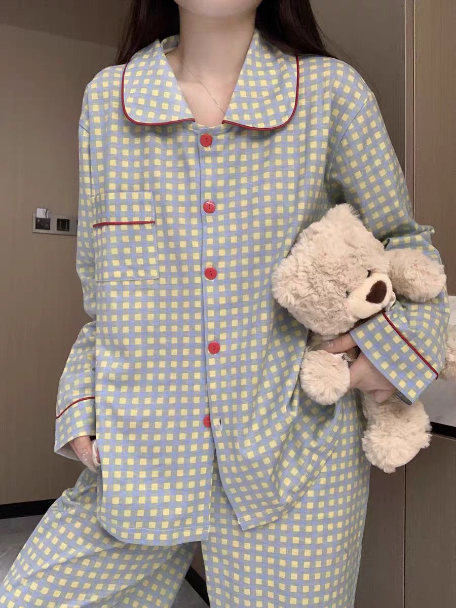 パジャマ レディース 長袖 綿素材 春秋 格子柄 シンプル ルームウェア 上下セット