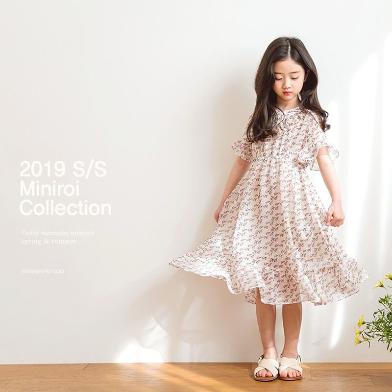 送料無料 2019夏装 新型 半額 韓国子供服 長い 半袖 最新発見 ワンピース 女の子 シフォンの花