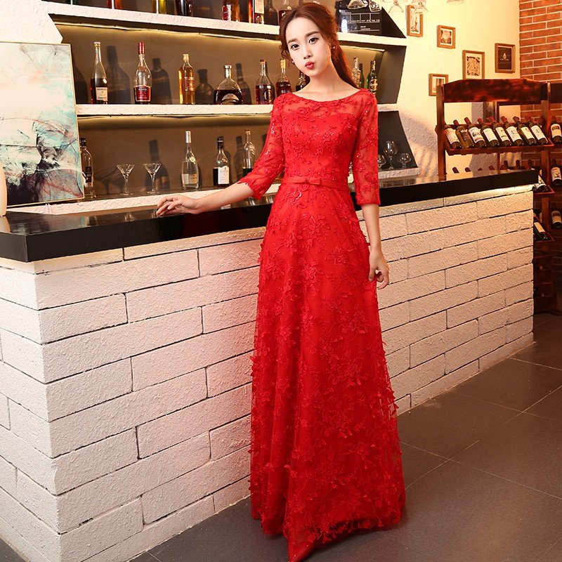 ロングドレス 演奏会 安い カラードレス 赤 結婚式 パーティードレス 袖付き レディースワンピース 8,673円