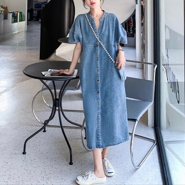 レディース ワンピース シャツワンピ フレア デニム ミモレ ロング 半袖 キーネック Aライン ウエストマーク ハイウエスト ボタン ヴィンテージ アメカジ ブルーデニム かわいい 大人可愛い