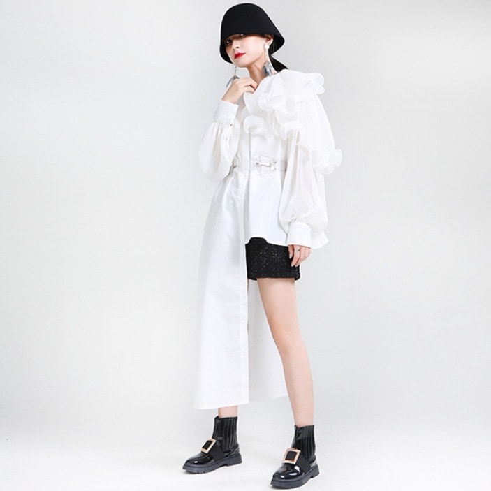 トップス シャツ ブラウス 不規則丈 袖あり 長袖 ボリューム袖 Uネック 襟付き ワイド 裾ワイド レース シフォン フリル 大人可愛い きれいめ 大人 上品 おしゃれ お洒落 かっこいい ルーズ