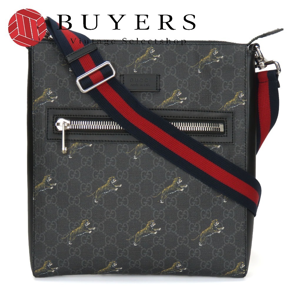 中古 ショルダーバッグ 474137 GGスプリームキャンバス ブラック グレー シルバー金具 トラ 斜め掛け タイガー メンズ 男性